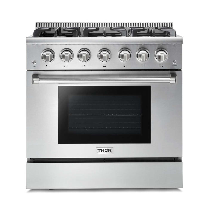 THOR Kitchen Package - 36" Gas Range, Range Hood, Refrigerator with Water and Ice Dispenser, Dishwasher, Wine Cooler, AP-HRG3618U-C-8