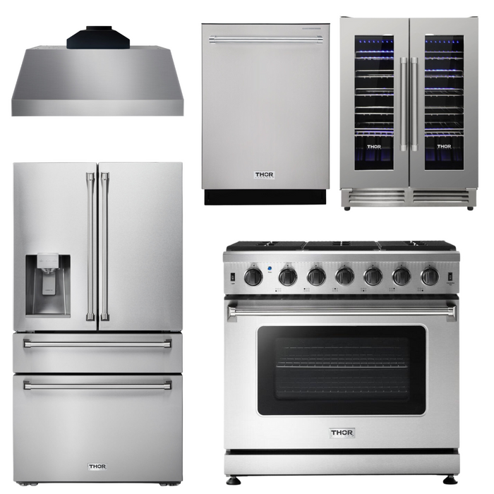 THOR Kitchen Package - 36" Gas Range, Range Hood, Refrigerator with Water and Ice Dispenser, Dishwasher, Wine Cooler, AP-LRG3601U-C-8