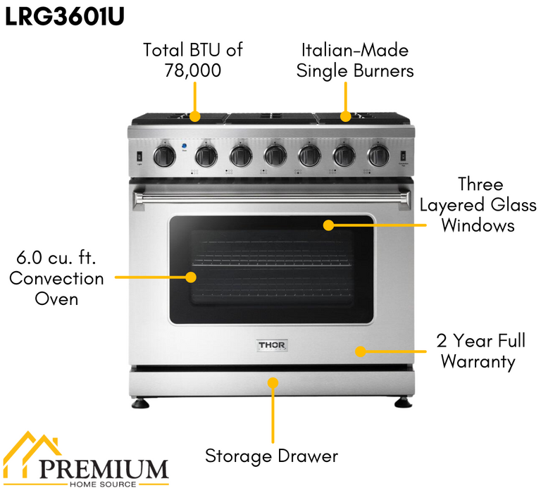 THOR Kitchen Package - 36" Gas Range, Range Hood, Refrigerator with Water and Ice Dispenser, Dishwasher, Wine Cooler, AP-LRG3601U-C-8