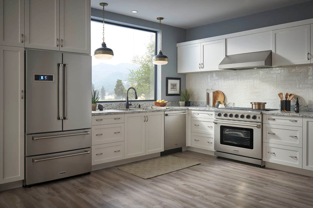 THOR Kitchen Package - 36" Gas Rangetop, Range Hood, Wall Oven, Refrigerator with Water and Ice Dispenser, Dishwasher, Microwave, AP-HRT3618U-7