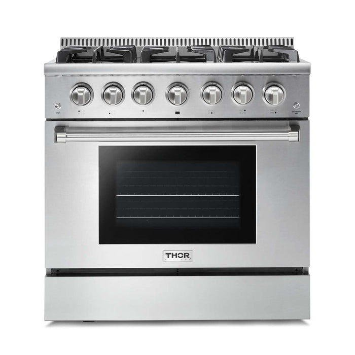 THOR Kitchen Package - 36 In. Natural Gas Burner/Electric Oven Range, Range Hood, Microwave Drawer, Refrigerator, Dishwasher, AP-HRD3606U-W-13