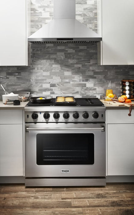 THOR Kitchen Package 36 Inch Propane Gas Range, Range Hood, AP-LRG3601ULP-W