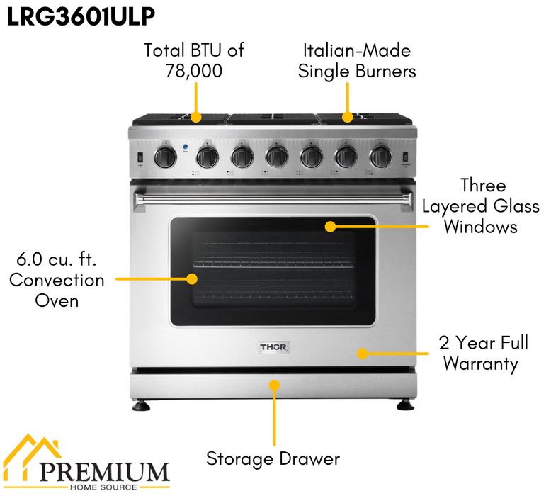 THOR Kitchen Package - 36" Propane Gas Range, Range Hood, AP-LRG3601ULP-C
