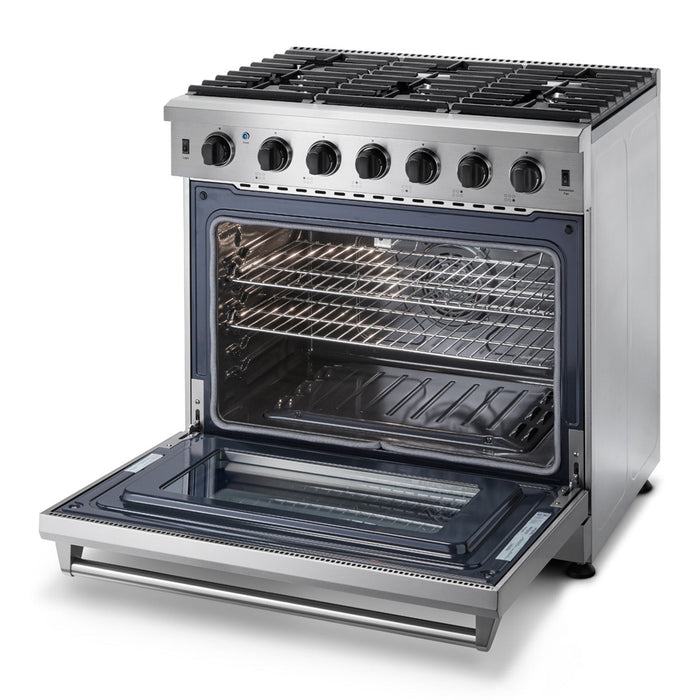 THOR Kitchen Package - 36" Propane Gas Range, Range Hood, Microwave, Refrigerator with Fridge and Ice Maker, Dishwasher, Wine Cooler, AP-LRG3601ULP-14