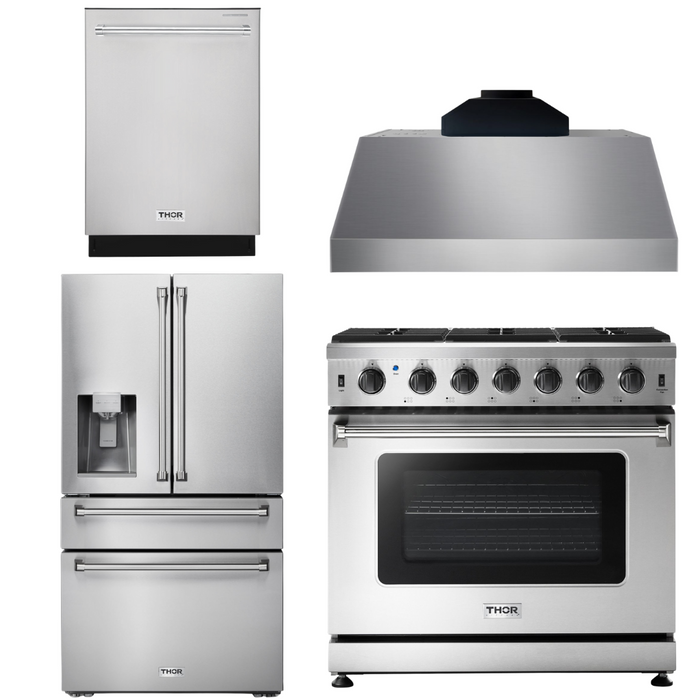 THOR Kitchen Package - 36" Propane Gas Range, Range Hood, Refrigerator with Water and Ice Dispenser, Dishwasher, AP-LRG3601ULP-C-7