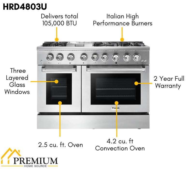 THOR Kitchen Package - 48" Dual Fuel Range, Range Hood, Refrigerator with Water and Ice Dispenser, Dishwasher, Wine Cooler, AP-HRD4803ULP-W-8