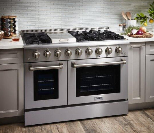 THOR Kitchen Package - 48" Gas Burner, Electric Oven Range and Range Hood, AP-HRD4803U-W