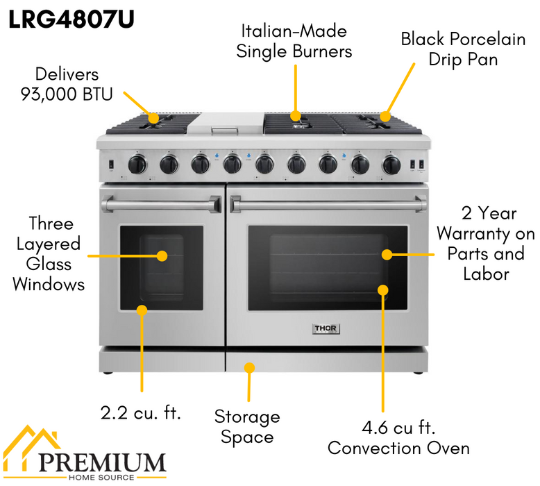 THOR Kitchen Package - 48" Gas Range, Dishwasher, Refrigerator with Water and Ice Dispenser, Microwave, AP-LRG4807U-12
