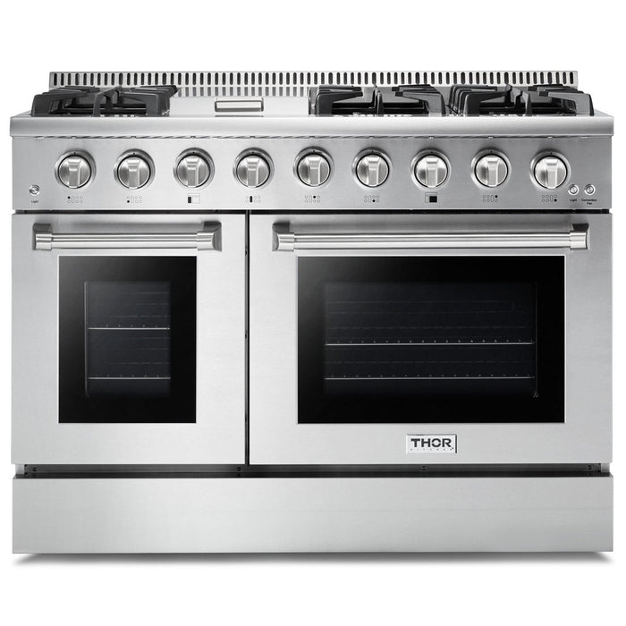 THOR Kitchen Package - 48" Gas Range, Range Hood, Refrigerator with Water and Ice Dispenser, Dishwasher, AP-HRG4808U-W-7