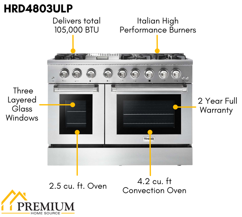 THOR Kitchen Package - 48 inch Propane Dual Fuel Range, Range Hood, AP-HRD4803ULP