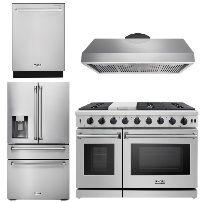 THOR Kitchen Package - 48" Propane Gas Range, Range Hood, Dishwasher, Refrigerator with Water and Ice Dispenser, AP-LRG4807ULP-10