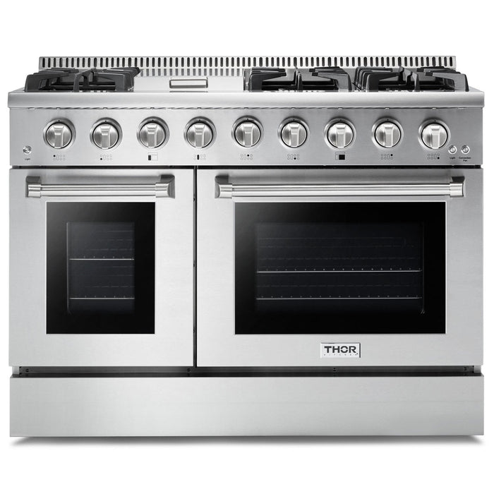 THOR Kitchen Package 48" Propane Gas Range, Range Hood, Refrigerator with Water and Ice Dispenser, Dishwasher, Microwave, AP-HRG4808ULP-W-9