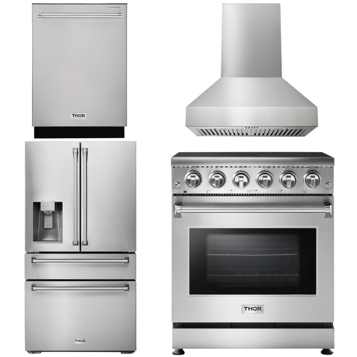 THOR Kitchen Package - Professional 30" Electric Range, Range Hood, Refrigerator with Water and Ice Dispenser, Dishwasher, AP-HRE3001-W-7