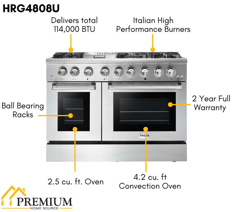THOR Kitchen Package - Professional 48" Propane Gas Range, Range Hood, AP-HRG4808ULP-W