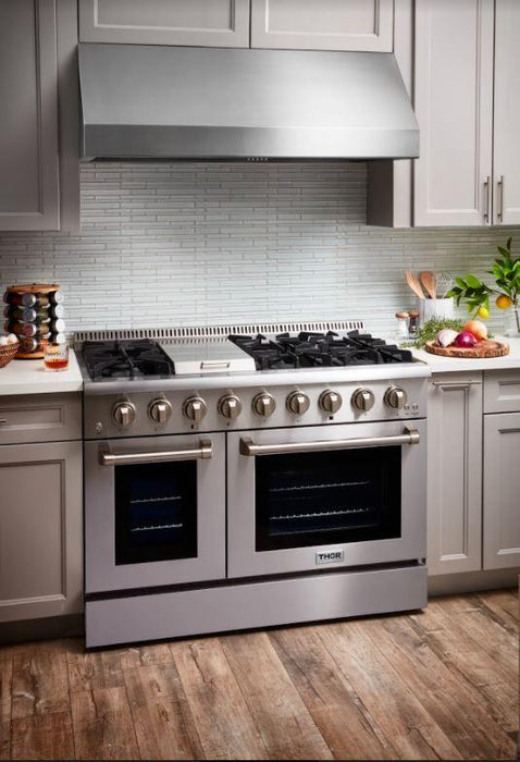 THOR Kitchen Package - Professional 48" Propane Gas Range, Range Hood, AP-HRG4808ULP-W