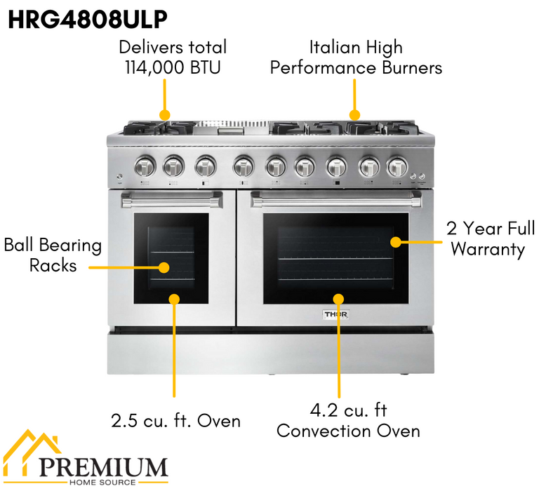 THOR Kitchen Professional 48" Propane Gas Range and Range Hood Package, AP-HRG4808ULP