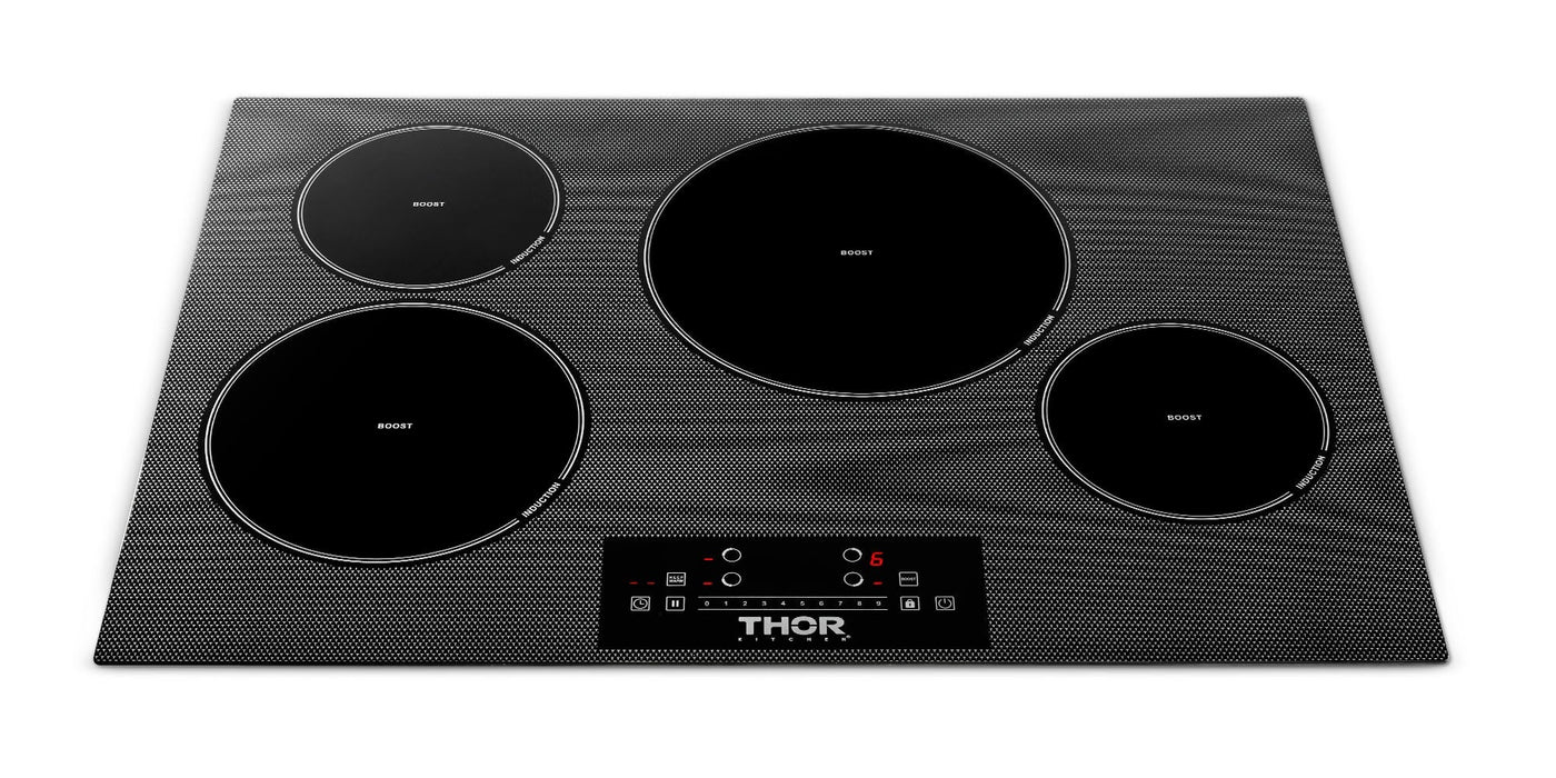 THOR Package - 30" Induction Cooktop, Range Hood, Microwave, Refrigerator with Water and Ice Dispenser, Dishwasher, AP-TIH30-W-9