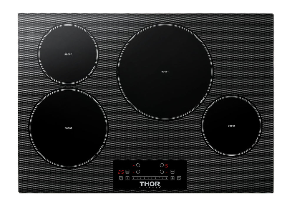 THOR Package - 30" Induction Cooktop, Range Hood, Microwave, Refrigerator with Water and Ice Dispenser, Dishwasher, AP-TIH30-W-9