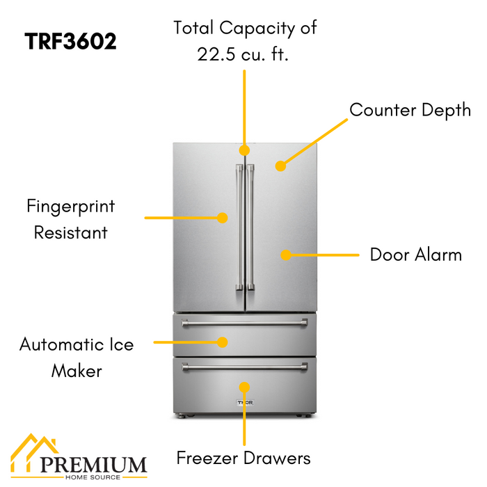 THOR Package - 36" Propane Dual Fuel Range, Range Hood, Microwave, Refrigerator, Dishwasher, Wine Cooler