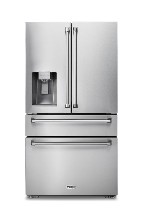 THOR Package - 36" Propane Dual Fuel Range, Range Hood, Microwave, Refrigerator with Water & Ice Dispenser, Dishwasher, Wine Cooler