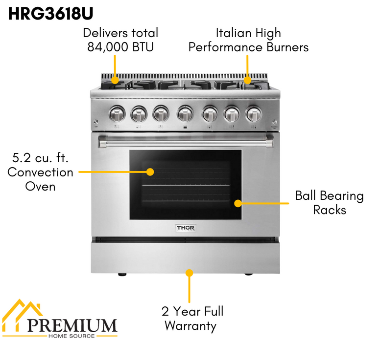 THOR Package - 36" Propane Gas Range, Range Hood, Microwave, Refrigerator, Dishwasher, Wine Cooler