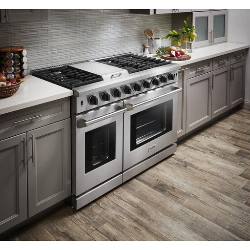 THOR Package - 48" Propane Gas Range, Range Hood, Refrigerator with Water & Ice Dispenser, Dishwasher, Wine Cooler, Microwave