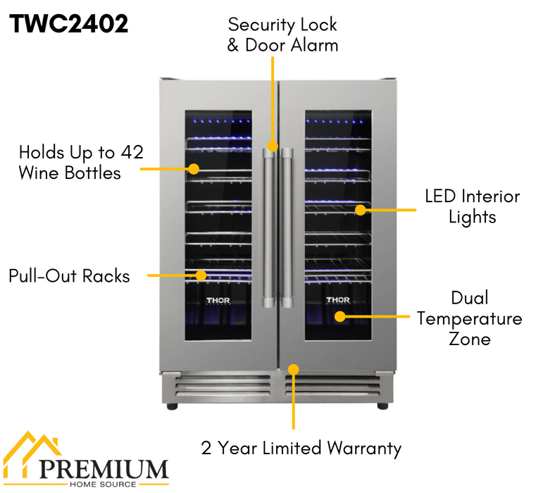THOR Package - 48" Propane Gas Range, Range Hood, Refrigerator with Water & Ice Dispenser, Dishwasher, Wine Cooler, Microwave