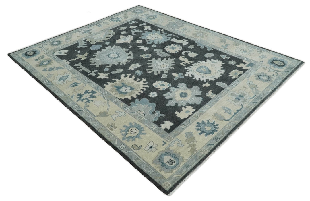 Black, Beige and Silver Hand Knotted Traditional Oushak Wool Area Rug