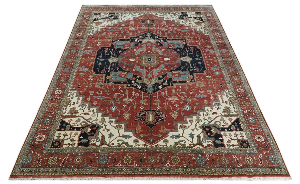 Traditional 9.11x13.8 Hand knotted Premium Fine Brown, Black and Ivory wool Area Rug