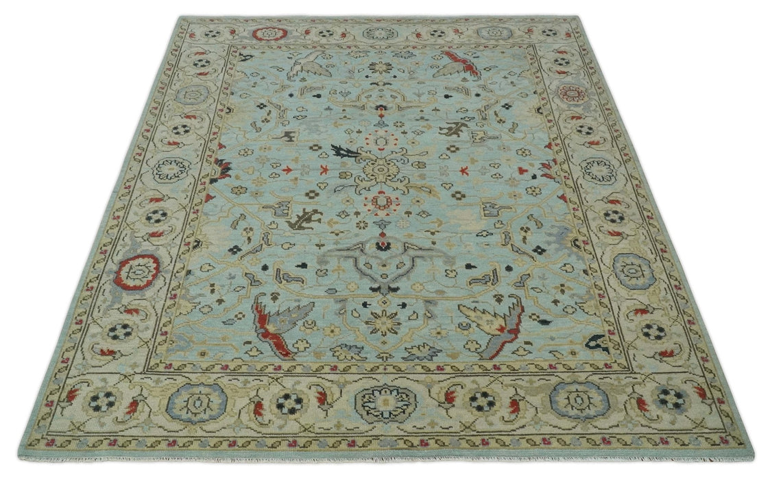 Traditional Aqua and Beige Hand knotted Oriental Oushak Custom Made wool Area Rug