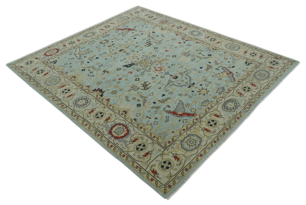 Traditional Aqua and Beige Hand knotted Oriental Oushak Custom Made wool Area Rug