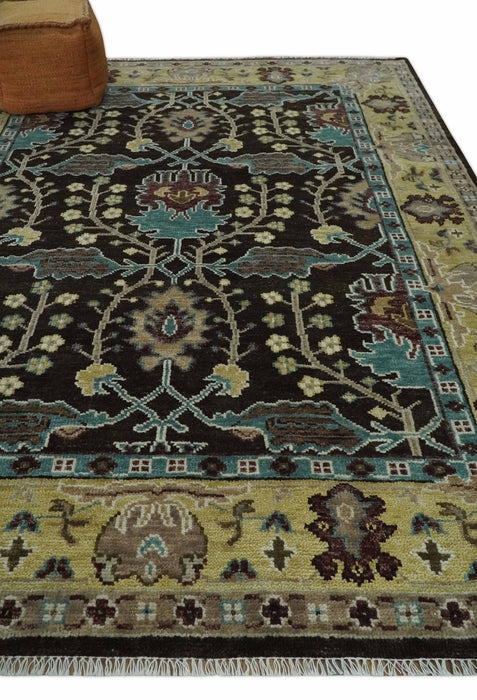 Traditional Black, Beige and Blue Antique Style Hand knotted Wool Area Rug
