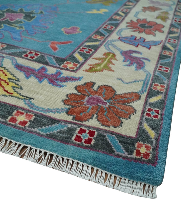 Traditional Blue and Camel Colorful Hand knotted Oushak 8.9x11.10 Wool Area Rug