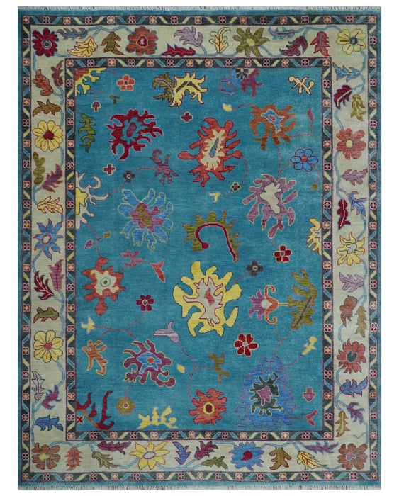 Traditional Blue and Camel Colorful Hand knotted Oushak 8.9x11.10 Wool Area Rug