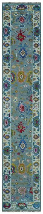 Traditional Blue and Ivory Vibrant Colorful Hand knotted Oushak Multi Size wool Area Rug