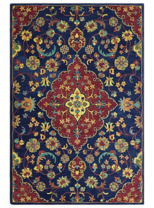 Traditional Blue and Red Hand Tufted Turkish Design Wool Area Rug