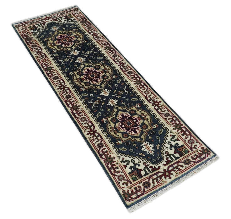 Traditional Blue, Beige and Ivory Heriz Serapi Hand knotted 2.7x7.9 wool Area Rug