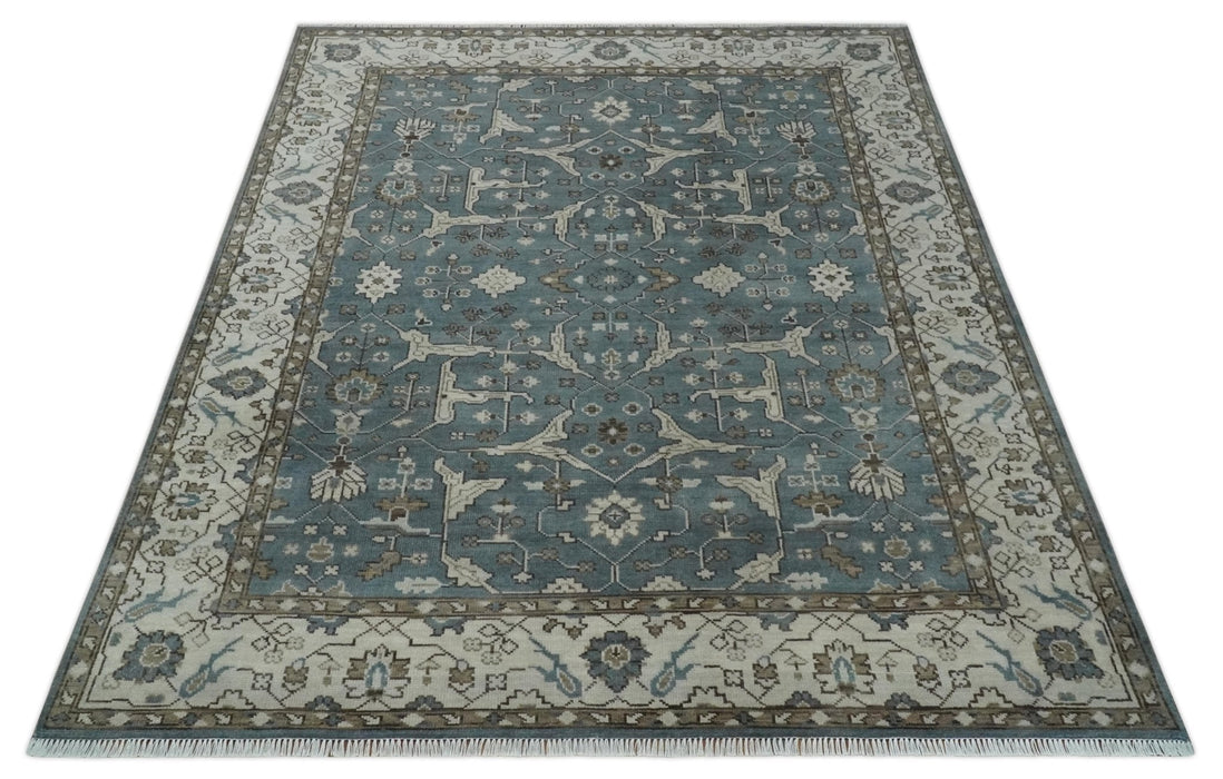 Traditional Blue, Ivory and Brown Oriental Oushak 8x10 wool Area Rug