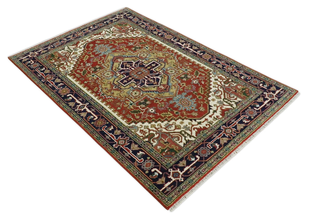 Traditional Blue, Rust and Ivory Heriz Serapi Hand knotted Multi Size wool Area Rug