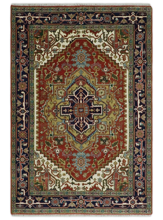 Traditional Blue, Rust and Ivory Heriz Serapi Hand knotted Multi Size wool Area Rug