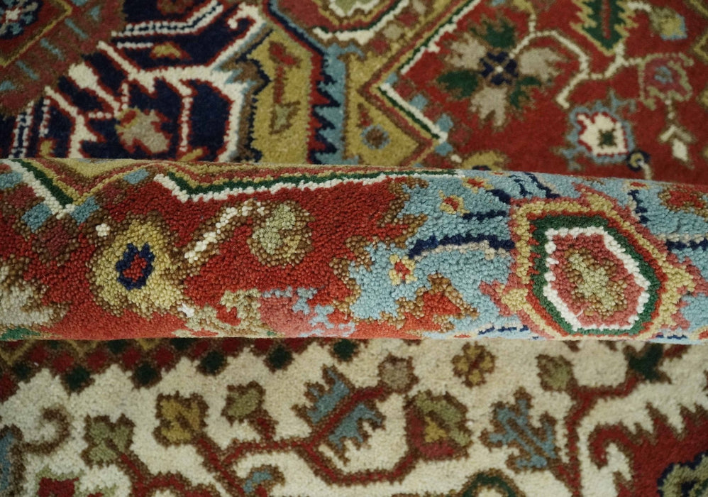 Traditional Blue, Rust and Ivory Heriz Serapi Hand knotted Multi Size wool Area Rug