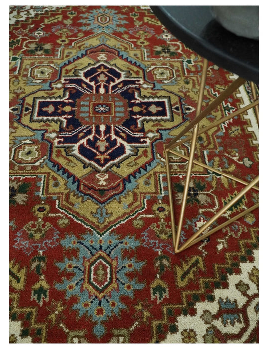 Traditional Blue, Rust and Ivory Heriz Serapi Hand knotted Multi Size wool Area Rug
