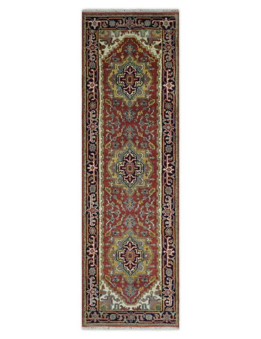 Traditional Blue, Rust and Ivory Heriz Serapi Hand knotted Multi Size wool Area Rug