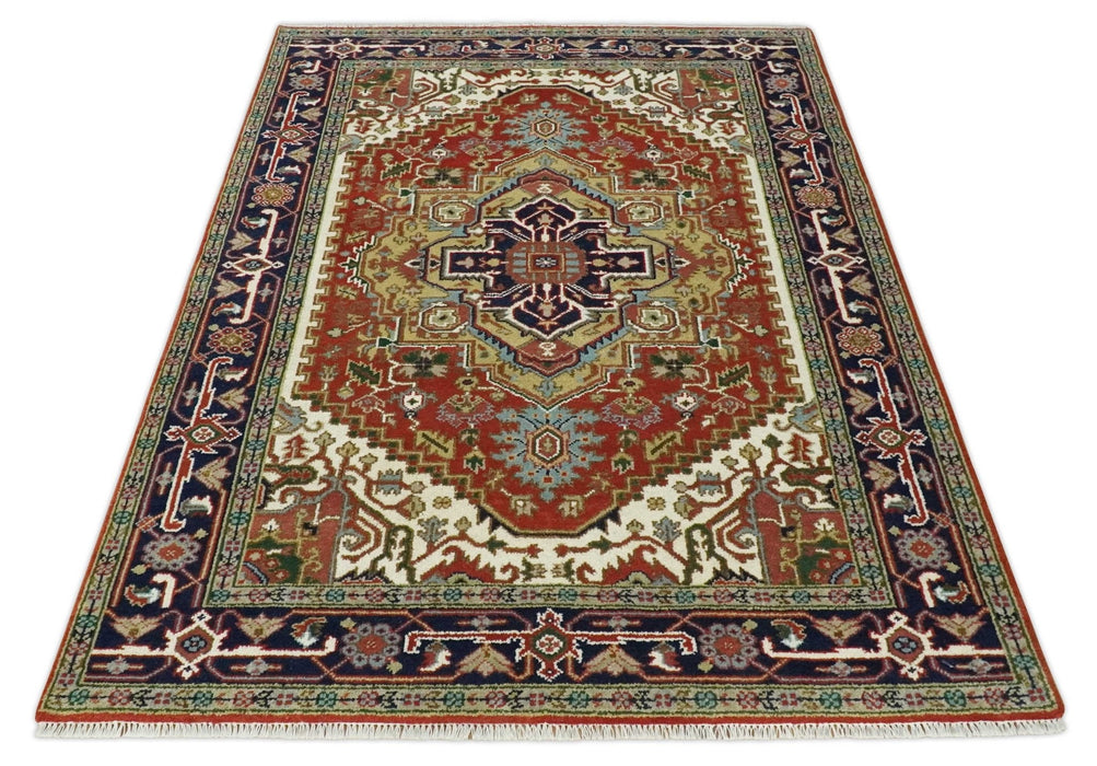 Traditional Blue, Rust and Ivory Heriz Serapi Hand knotted Multi Size wool Area Rug