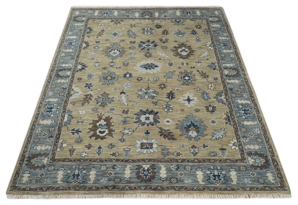 Traditional Beige and Gray Multi Size  Turkish Knot Antique Style Floral Hand knotted Oushak Wool Area Rug