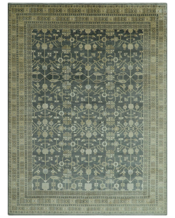 Traditional Design Charcoal And Beige 9x12 Hand Knotted Wool Area Rug