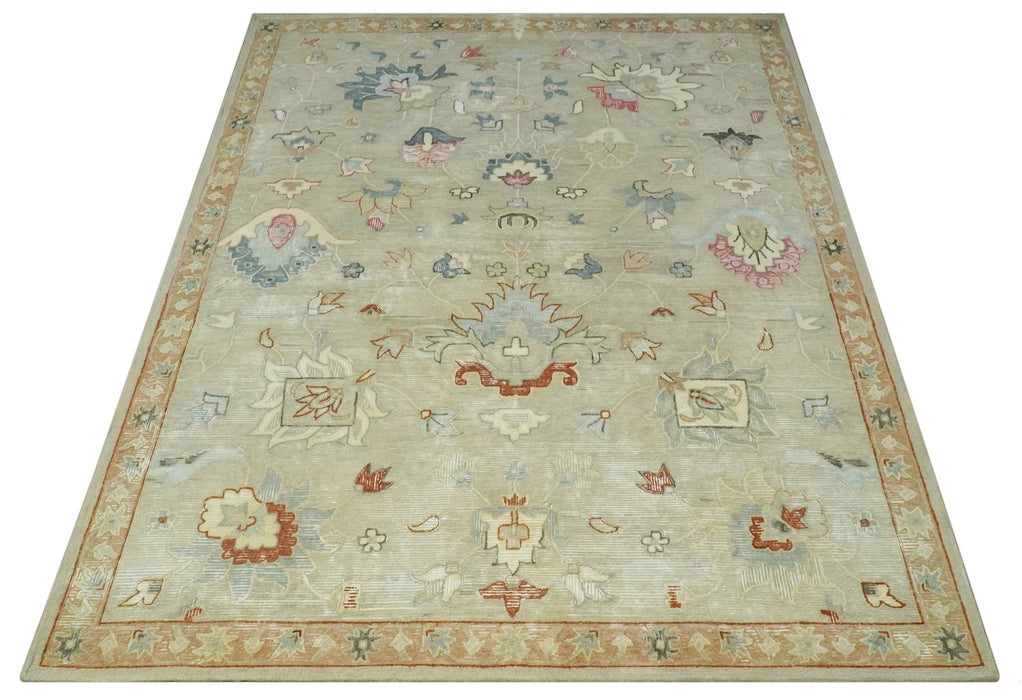 Traditional Floral 8x10 Beige Hand Tufted Oriental distressed wool area rug