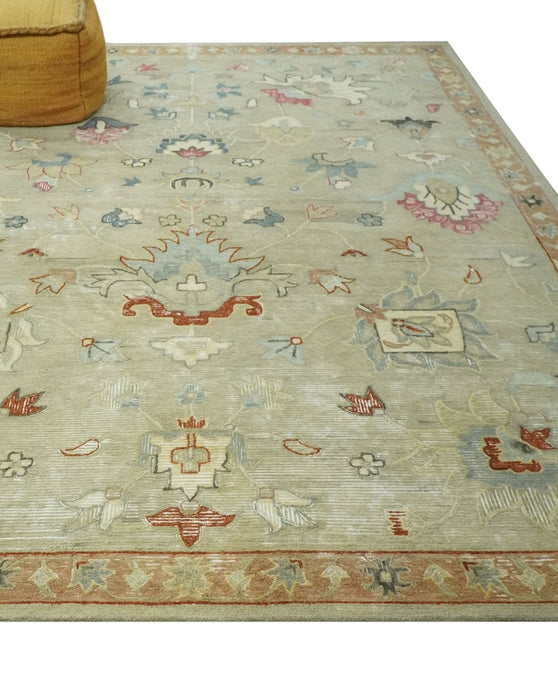 Traditional Floral 8x10 Beige Hand Tufted Oriental distressed wool area rug