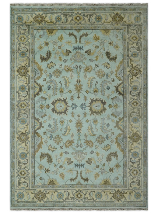 Traditional Floral Aqua, Beige and Taupe Hand Knotted 6x9 wool area rug