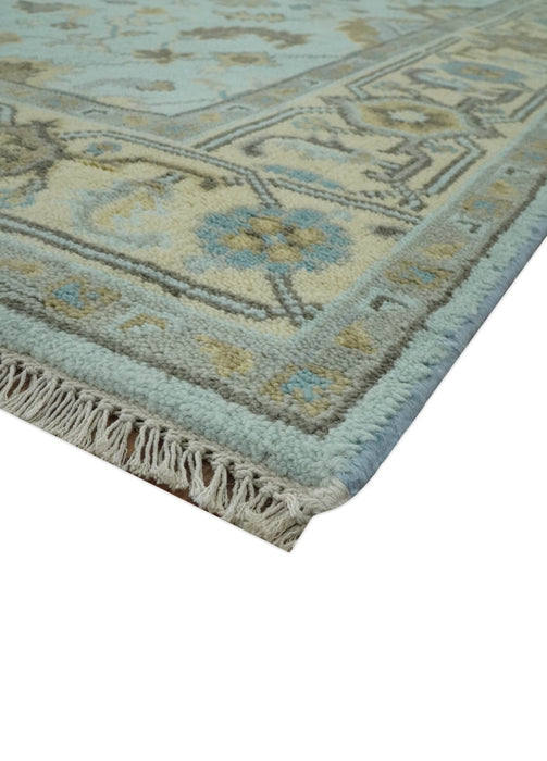 Traditional Floral Aqua, Beige and Taupe Hand Knotted 6x9 wool area rug